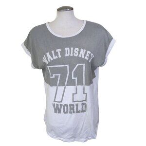 Walt Disney World Parks Women XL Jersey Style Top White Gray 71 Cap Sleeve